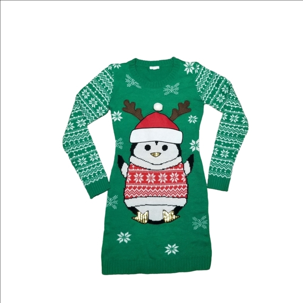 Green Ardene Small Christmas Sweater Dress Penguin Design
